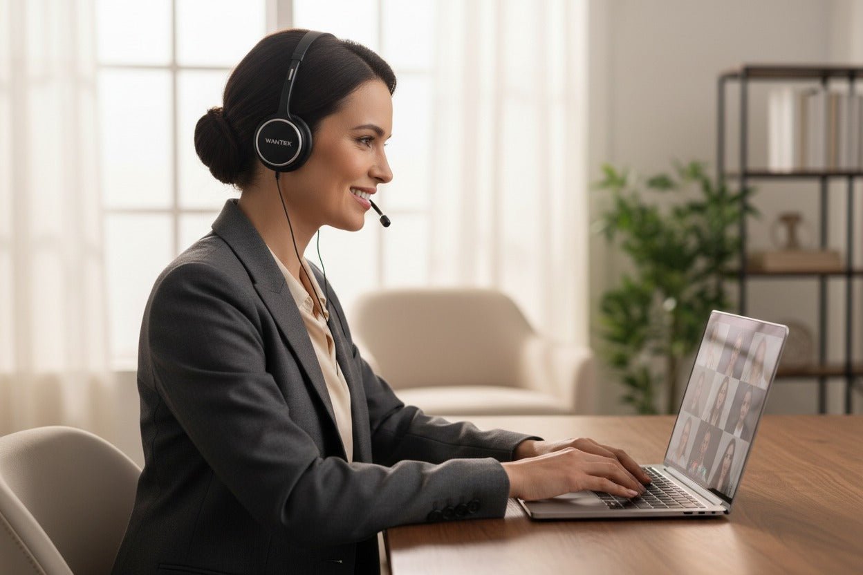 A rep on a live cold call, headset on